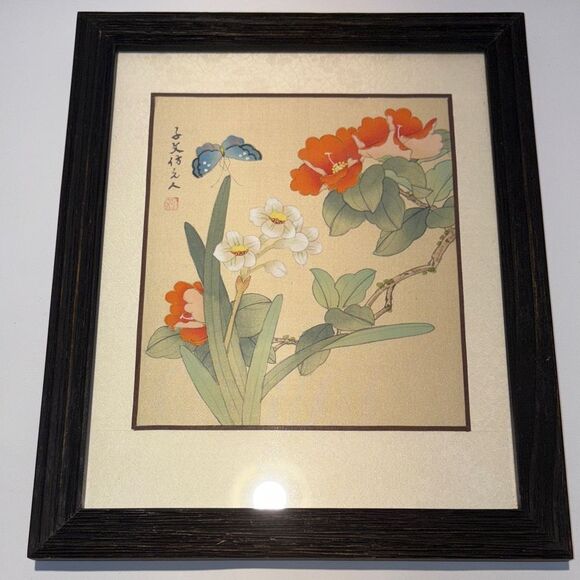Floral and Butterfly Framed silk Art - Picture 1 of 5